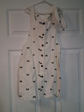 Girls' White And Black Bow Print Button-Front Pinafore Dress With Headband Sz 7
